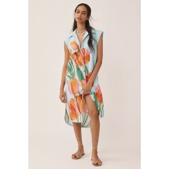 Anthropologie Maeve The Lillian Cap Sleeve Button Front Midi Dress Tulip Size XS - Picture 1 of 15